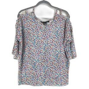 Amang NY Floral Ladder Sleeve Top Women's Size Large Stretch Knit Casual